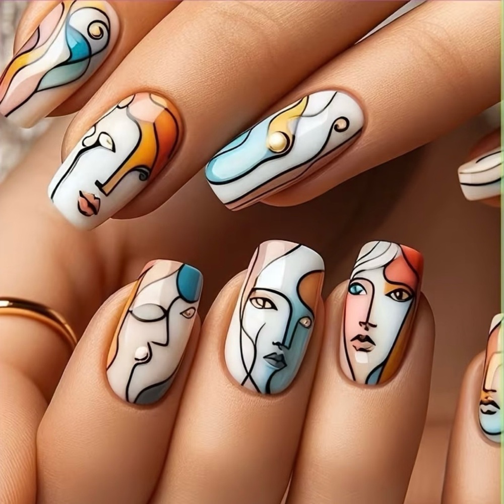 24pcs Artistic Abstract Art Design, Medium Length Square Glossy Press on Nails